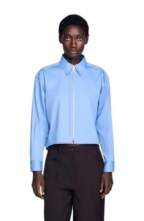Sandro Cropped logo zip cotton shirt in Blue at Nordstrom, Size X-Large