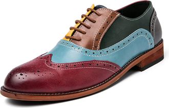 Generic11 Dress Shoes for Men Colorful Brogue Low Cut Wearable Breathable Lace-Up Leather Shoes Fashion Pointed Toe Oxford Shoes for Party