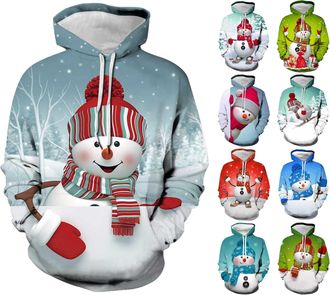 Generic Mens Christmas Hoodie Jumpers Xmas Novelty 3D Printed Snowman Hooded Pullover Sweatshirts Ugly Funny Long Sleeve Crewneck Holiday Party Winter Sweater