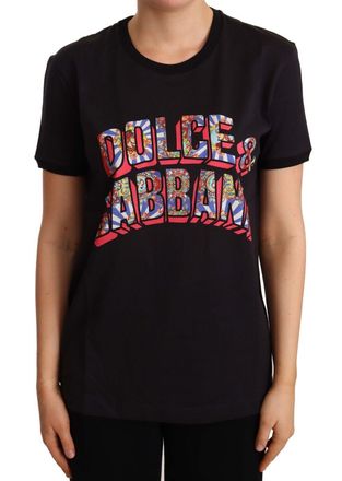 Dolce & Gabbana Dames Zwarte Katoenen T-shirt met Grote Print en Ronde Hals