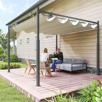 OUTSUNNY 3 x 3(m) Pergola with Retractable Roof, 80mm Metal Column, White in Cream