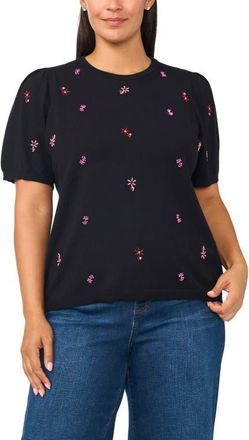 CeCe by Cynthia Steffe Puff Sleeve Beaded Cotton Sweater in Rich Black at Nordstrom, Size 3X