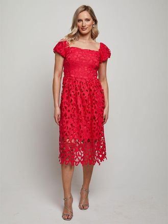 Chi Chi London Chi Chi London Womens Bardot Premium Lace Fit and Flare Midi Dress in Hot Pink - Size 14 UK