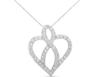 House of Brilliance 14KT White Gold 1 cttw Diamond Heart Ribbon Pendant Necklace