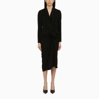 Dries Van Noten Zwarte Wolmix Jurk Met Drapering