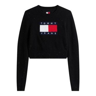 Tommy Jeans TJW Sparkle Flag Swe - Dames - Ronde hals truien - Zwart - XS - Katoen - Truien & Vesten