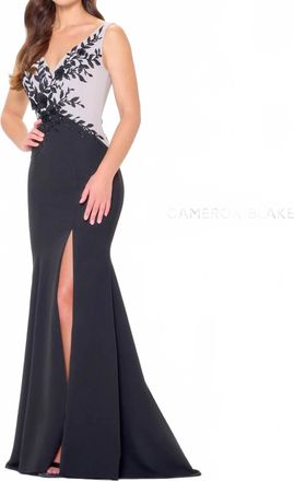 Cameron Blake Long Sequin Beaded Applique Formal Evening Dress In Ivory/blacl