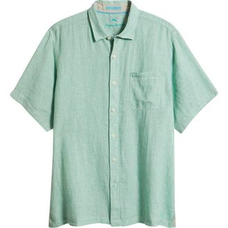 Tommy Bahama Paradise Breezer Short Sleeve Linen Button-Up Shirt in Light Neptune Green at Nordstrom, Size Xlt