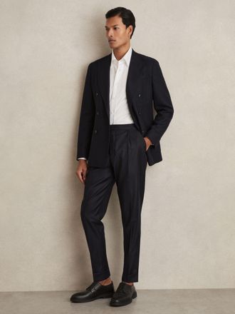 Reiss Navy Stretch-cotton Tapered Trousers, 32