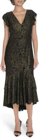 Tommy Hilfiger Floral Flutter Sleeve Empire Waist Midi Dress in Black/Gold at Nordstrom Rack, Size 12