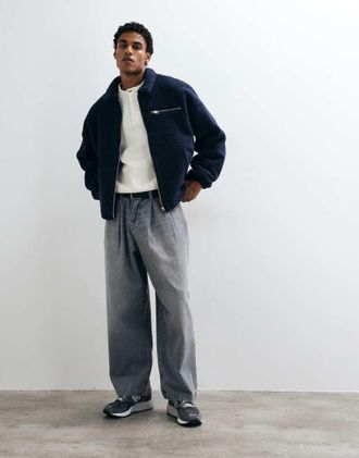 Asos giacca oversize in pile borg con chiusura con zip, blu navy
