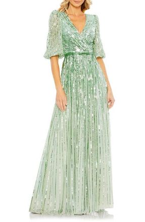 Mac Duggal Sequined Wrap Over 3/4 Sleeve Gown in Sage at Nordstrom, Size 10