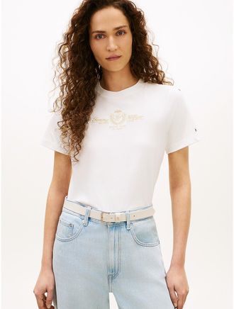 Tommy Hilfiger Womens Gold-Tone Club Crest Logo T-Shirt - White - XXS