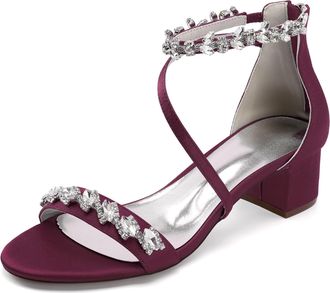 Generic Womens Wedding Heels Bridal Low Chunky Heels Sandals Satin Open Toe Heeled Party Dress Pump Shoes 4.5Cm,Burgundy,10 UK