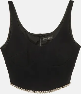 DAVID KOMA Black Crepe Crystal Embellished Crop Top M