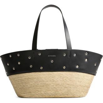 Altuzarra Knot Studded Leather & Straw Basket Tote in 381001 Black/Silver at Nordstrom