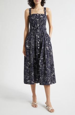 Cinq &agrave; Sept Branwen Garden Doodle Belted Denim A-Line Midi Dress in Navy/White at Nordstrom, Size 10