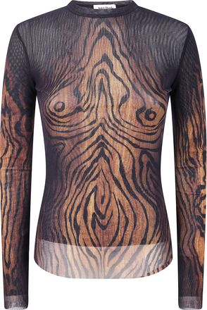 Jean Paul Gaultier Womens Mesh Long Sleeves Top Printed Wood - Brown Nylon - Size X-Small