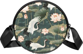 Generic Circle Crossbody Bag for Women, Lotuses Cranes Small Sling Bag Daypack with Zipper Adjustable Shoulder Straps Casual Ladies Girls Round Purse