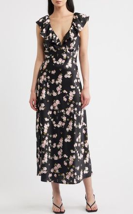 Lulus Carter Floral Ruffle Neck Maxi Dress in Black/pink at Nordstrom, Size X-Small