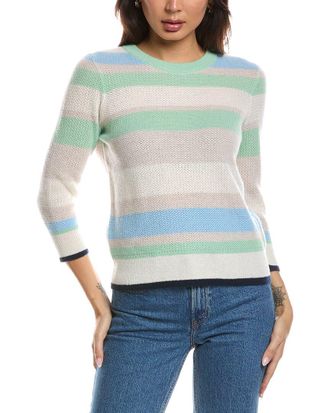 Fort&eacute; Cashmere 3/4-Sleeve Openwork Stripe Crewneck Cashmere Sweater