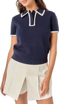 English Factory Scalloped Trim Sweater Polo in Navy/white at Nordstrom, Size X-Small