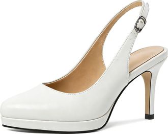 EDEFS Womens White Slingback Heels with 3.5 Inch High Heel Platform Elegant Court Shoes for Office and Evening Wear UK2