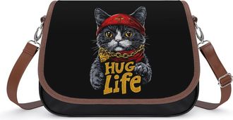 Generic Cat Hug Life Funny Crossbody Bag Womens Handbag PU Message Bags Shoulder Purse with Adjustable Strap