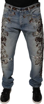 Dolce & Gabbana Mens Light Blue Embroidered Skinny Denim Jeans Cotton Clothing