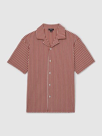 Reiss Rust Red & white Textured-stripe Cuban-collar Shirt, M