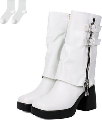 Generic Womens Mid-Calf Boots, Fashionable Slouch Boots with Side Zipper And Double Buckles, Comfortable Block Heel And Non-Slip Platform Sole, Autumn Winter 