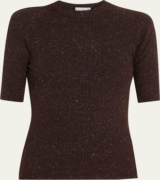Brunello Cucinelli Metallic Rib Short-Sleeve Crewneck Sweater