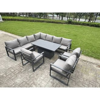 Fimous Aluminum 9 Piece 10-Seater L-Shaped Set with Lifting Table & 3 Chairs in Dark Grey