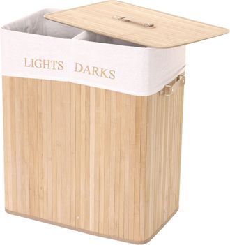 Hhg Nunca Usado] Cesto Para Ropa Sucia Hhg 153, Caja Para Ropa Sucia Cesto Para Ropa Sucia, Bamb&uacute; 2 Compartimentos 63x55x34cm 100l, Color Natural