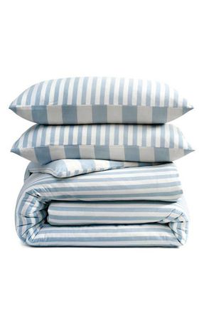 DKNY Reversible Vintage Stripe Washed Cotton Duvet Cover & Sham Set in Blue at Nordstrom, Size King