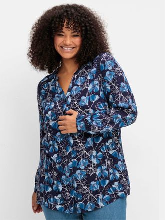 Sheego Druckbluse SHEEGO, Damen, Gr. 40, blau (marine, gemustert), 100% Viskose, gemustert, mehrfarbig, V-Ausschnitt, Blusen Druckbluse