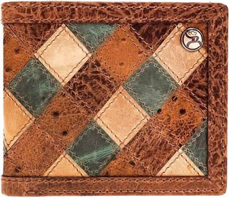 Hooey Mens Roughy Ostrich Print Leather Diamond Patchwork Bifold Wallet In Ouray - Brown & Turquoise