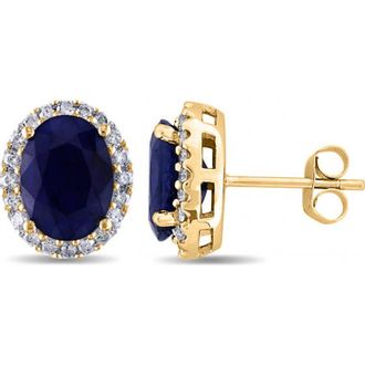 Allurez Oval Blue Sapphire & Halo Diamond Stud Earrings 14k in Yellow Gold at Nordstrom