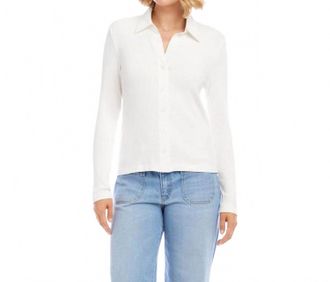 Karen Kane Ribbed Long Sleeve Button Front Top In Off White