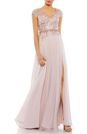 Mac Duggal Embellished Cap Sleeve Bodice Chiffon Gown in Rose at Nordstrom, Size 16