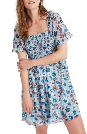 Madewell Wildflower Garden Smocked Flutter Sleeve Dress in Poolhouse Floral Feather Blue at Nordstrom, Size Small