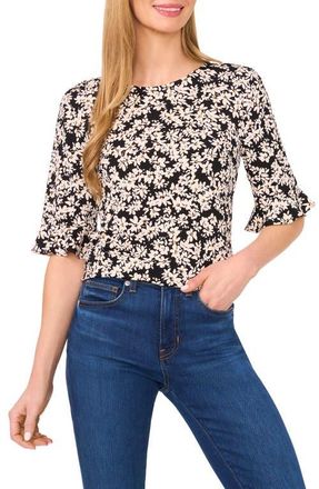 CeCe by Cynthia Steffe Floral Print Ruffle Sleeve Top in Rich Black at Nordstrom, Size Large