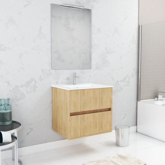 Aurlane Aurlane - Pack Mueble De Ba&ntilde;o 60 Cm Roble Claro 2 Cajones, Lavabo, Espejo 60x80 Y Aplique Led