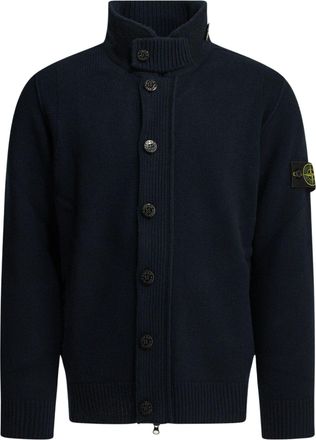 Stone Island High Ribbed Collar Cardigan with Button Placket and Distinctive Patch