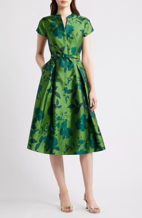 Sachin & Babi Martine Floral Mikado Cocktail Midi Dress in Empress Green Roses at Nordstrom, Size 18W