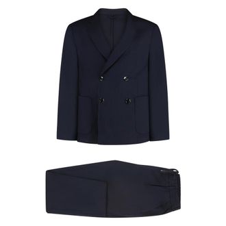 HUGO BOSS Double Breasted Suits, male, Blue, XL, Double-breasted wool suit with stretch