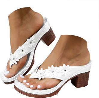 Generic Womens Chunky Heel Flip Flops 2026 Dressy Open Toe Platform Sandals with Rhinestone Flower Summer Beach Walking Shoes Comfortable Wedge Sandal (White,