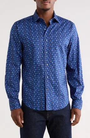 Lorenzo Uomo Trim Fit Palm Print Stretch Cotton Dress Shirt in Tropical Night Blue at Nordstrom Rack, Size 15.5 - 32