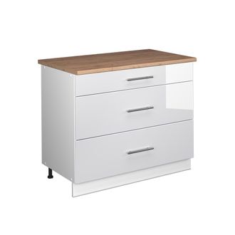 Vicco Mueble Bajo De Cocina Fame-line, Blanco Alto Brillo/blanco, 100 Cm, Et Roble, Vicco