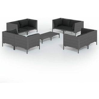 vidaXL Set Muebles Jard&iacute;n 9 Pzas Y Cojines Rat&aacute;n Sint&eacute;tico Gris Oscuro Vidaxl